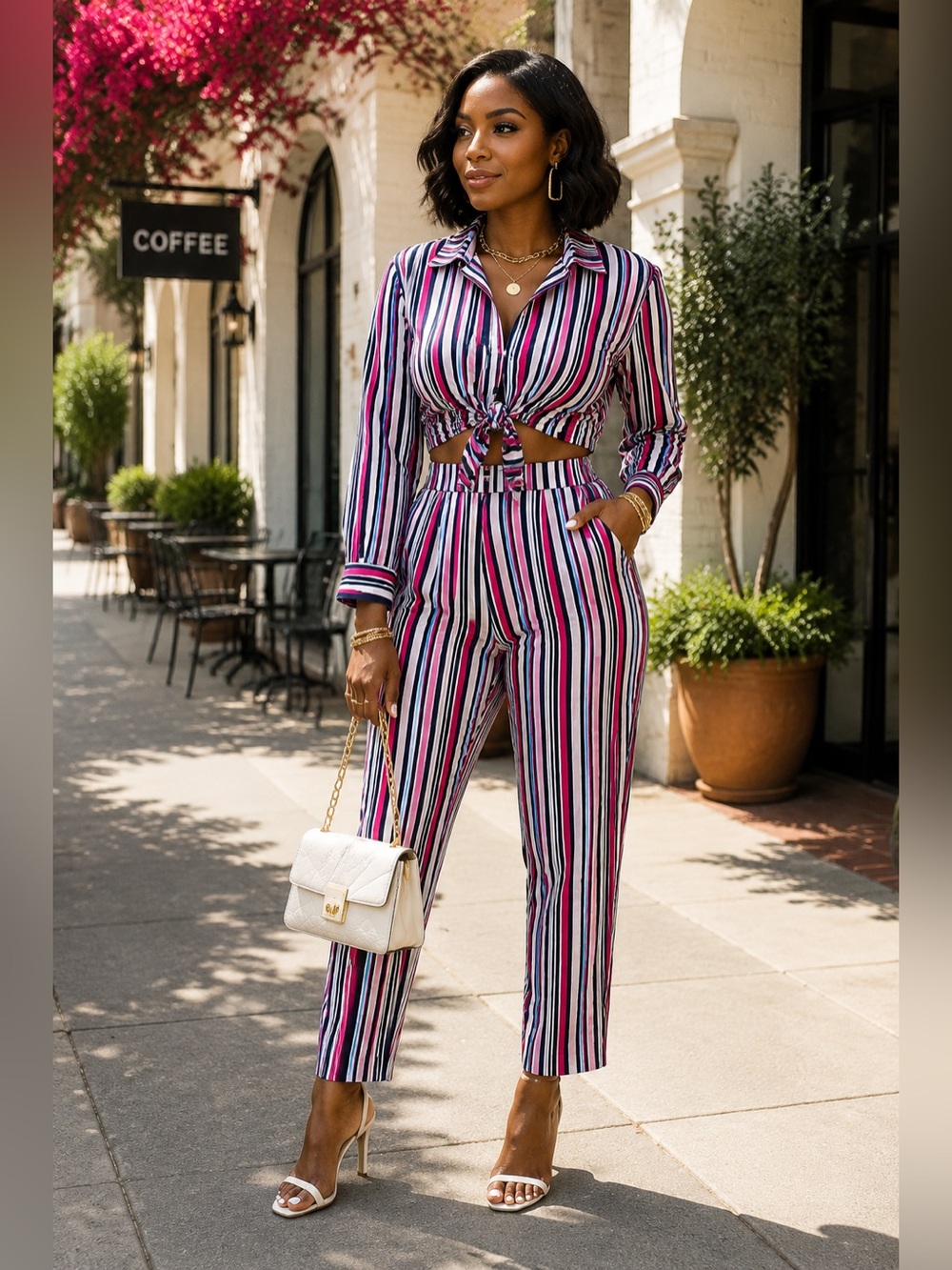 Guess Striped Cropped Jumpsuit in Pink, Navy & White